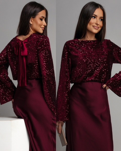 Bluzka cekinowa na długi rękaw z ozdobnym wiązaniem bordowa