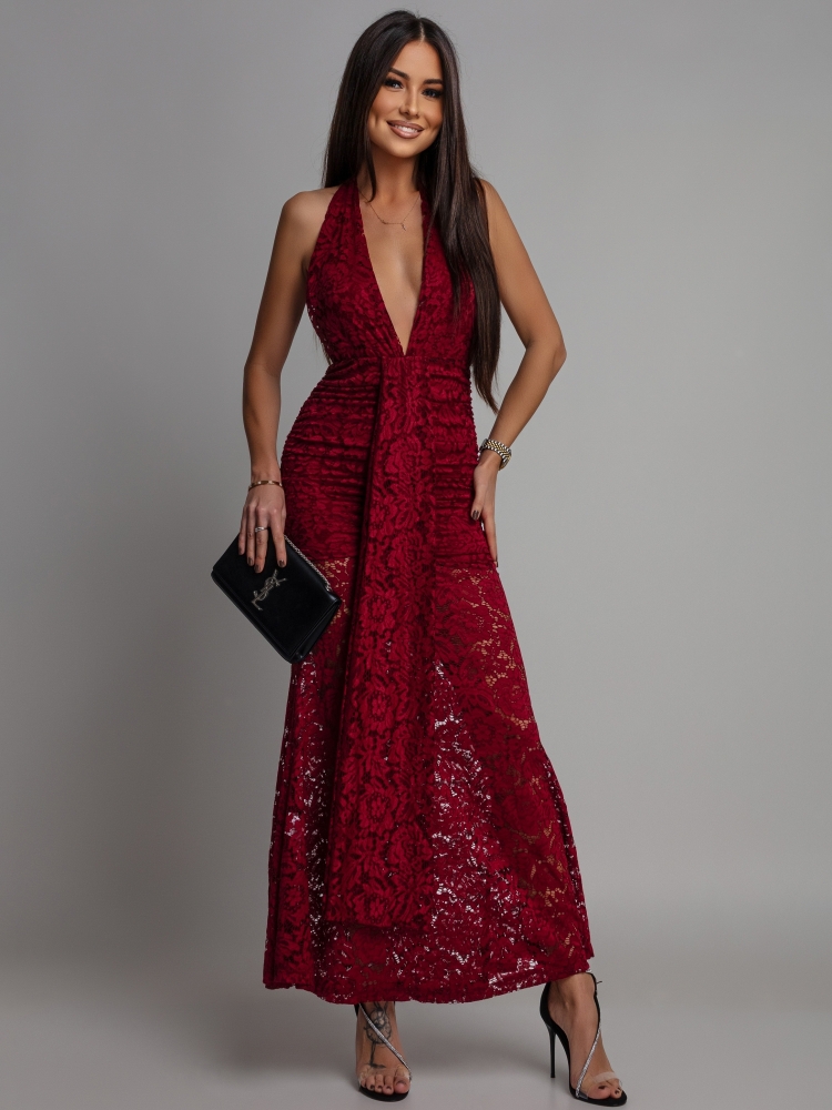 Sukienka koronkowa maxi bordowa