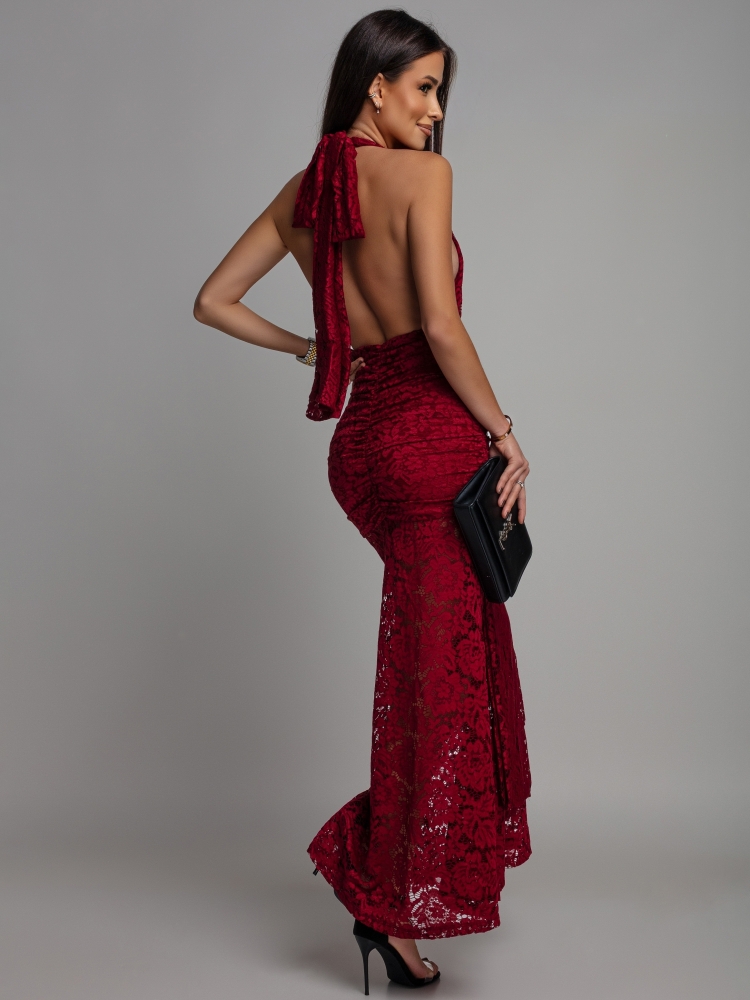 Sukienka koronkowa maxi bordowa