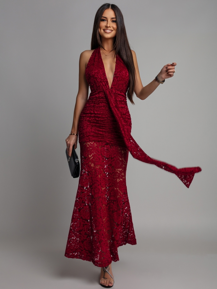 Sukienka koronkowa maxi bordowa