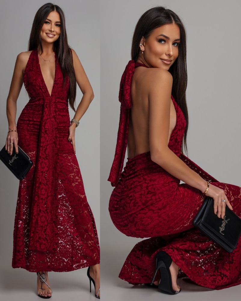 Sukienka koronkowa maxi bordowa