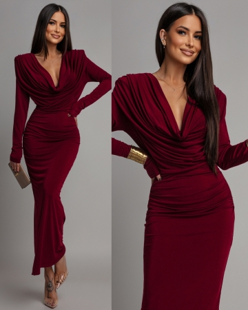 Sukienka z marszczeniem maxi na długi rękaw bordowa