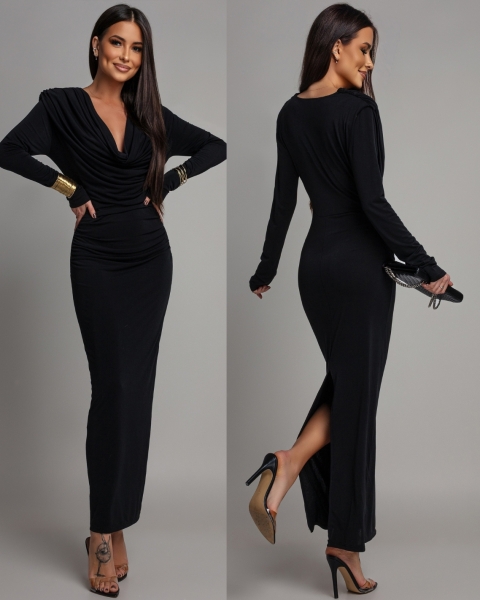 Sukienka z marszczeniem maxi na długi rękaw czarna