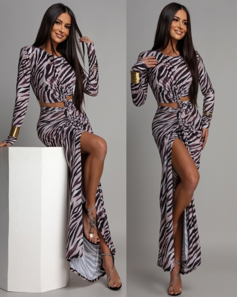 Sukienka maxi z ozdobnym marszczeniem print zebra