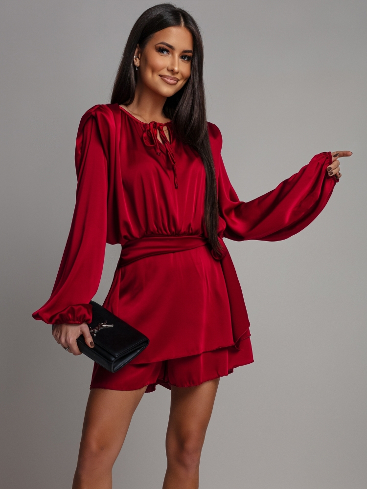 Kombinezon satynowy na długi rękaw bordowy