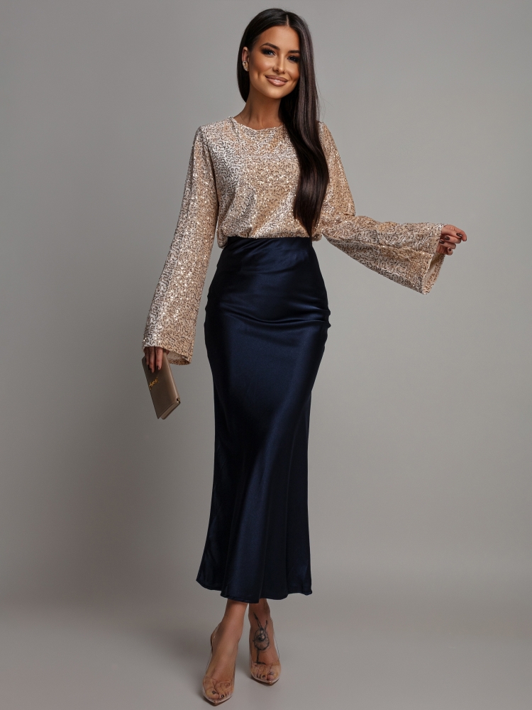 Spódnica midi satynowa granatowa