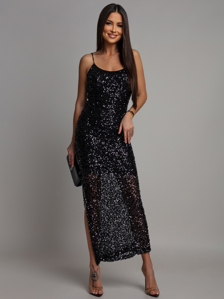 Sukienka cekinowa jedno wiązanie na plecach dekolt łódka czarna