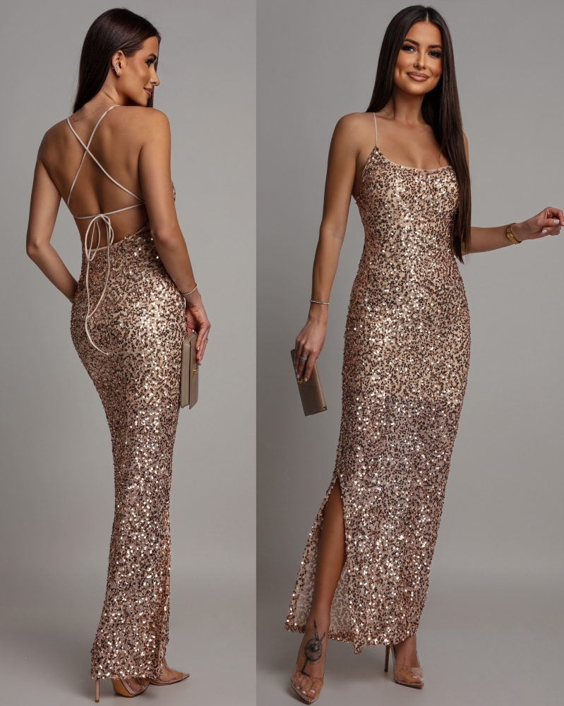 Sukienka cekinowa jedno wiązanie na plecach dekolt łódka złoty jasny beż