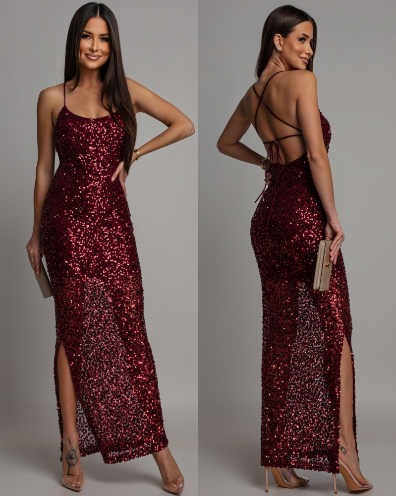 Sukienka cekinowa jedno wiązanie na plecach dekolt łódka bordowa