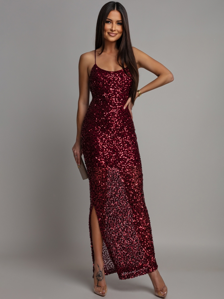 Sukienka cekinowa jedno wiązanie na plecach dekolt łódka bordowa