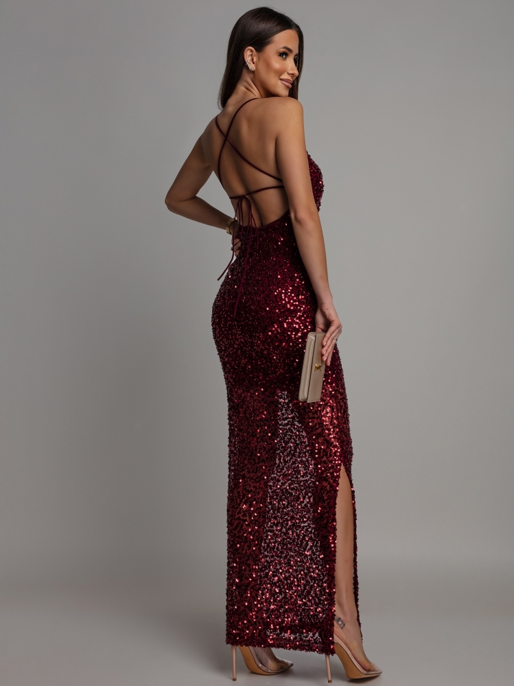Sukienka cekinowa jedno wiązanie na plecach dekolt łódka bordowa
