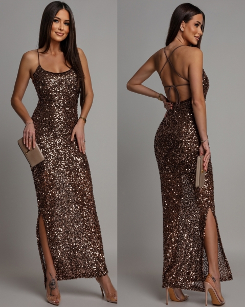 Sukienka cekinowa jedno wiązanie na plecach dekolt łódka złoto ciemny beż