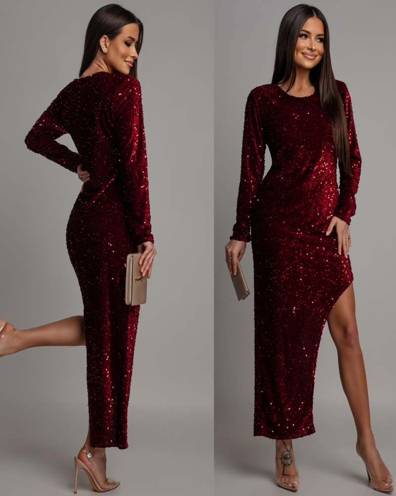 Sukienka cekinowa z ozdobnym wycięciem na długi rękaw bordowa