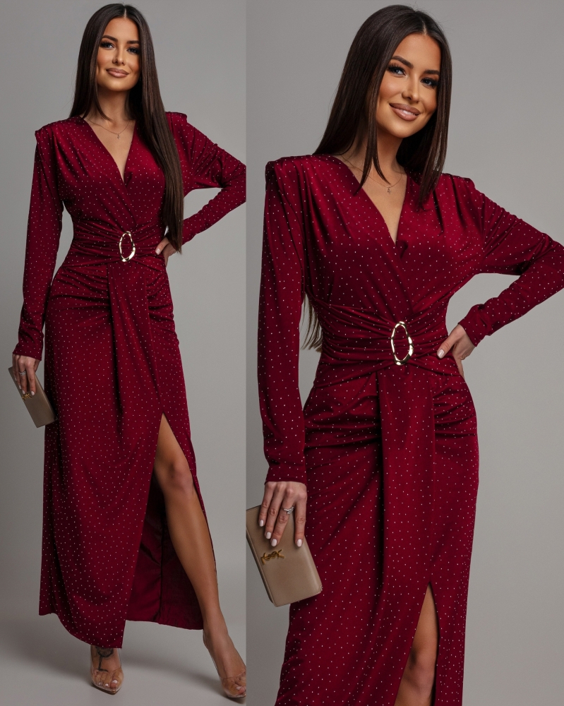 Sukienka midi z cyrkoniami i rozcięciem na długi rękaw bordowa