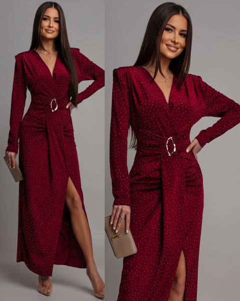 Sukienka midi z cyrkoniami i rozcięciem na długi rękaw bordowa