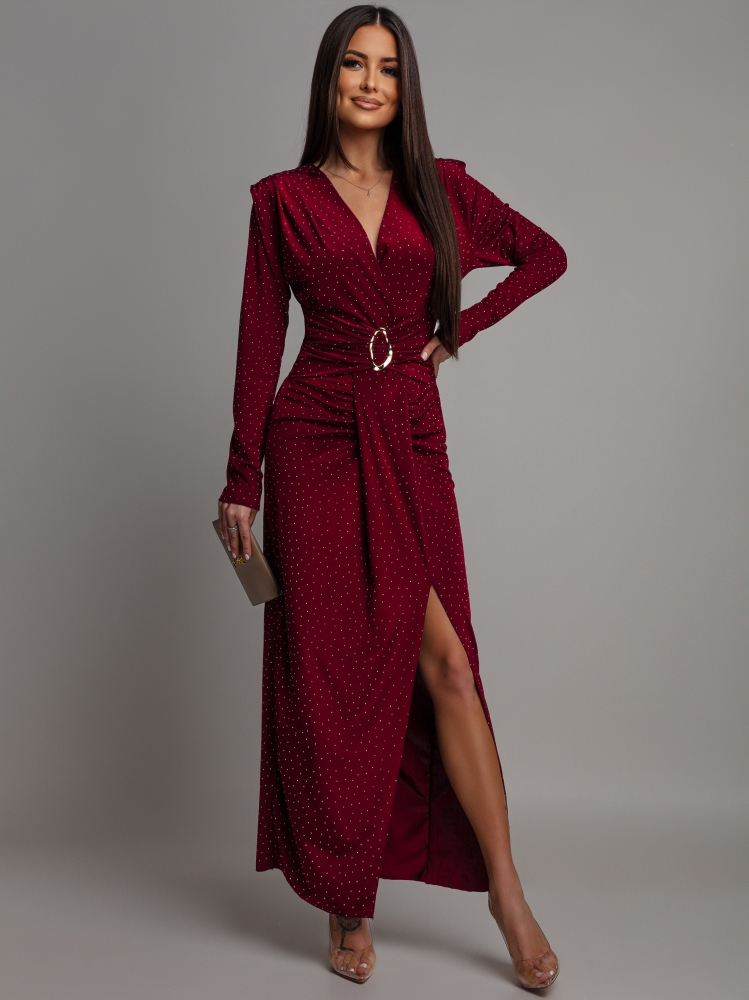 Sukienka midi z cyrkoniami i rozcięciem na długi rękaw bordowa