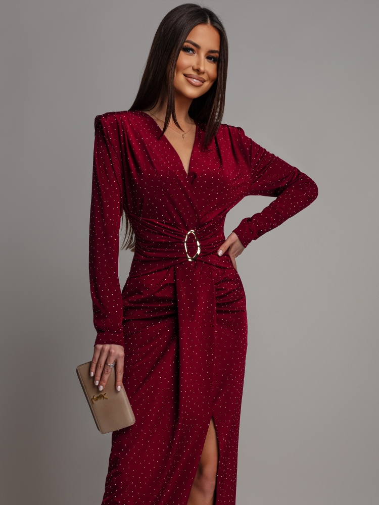 Sukienka midi z cyrkoniami i rozcięciem na długi rękaw bordowa