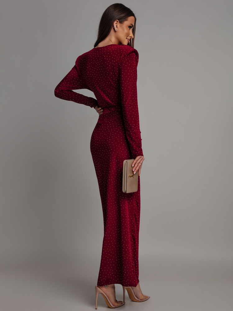 Sukienka midi z cyrkoniami i rozcięciem na długi rękaw bordowa