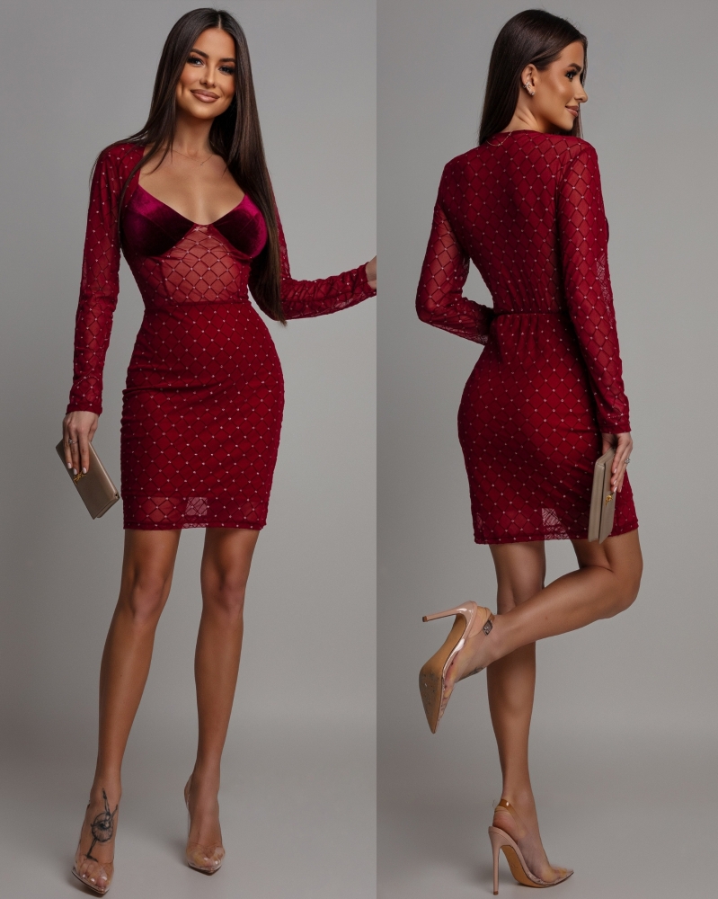 Sukienka mini z cyrkoniami ozdobnymi na długi rękaw bordowa