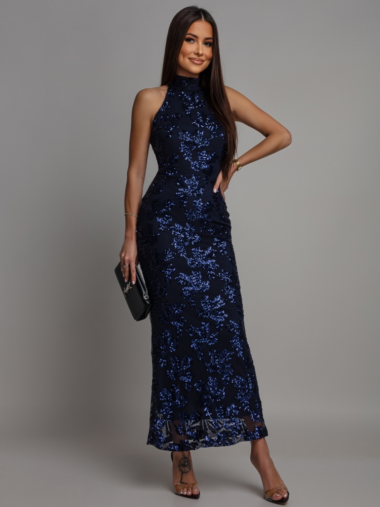 Sukienka midi świecąca z ozdobnym printem wiązana na szyi granatowa