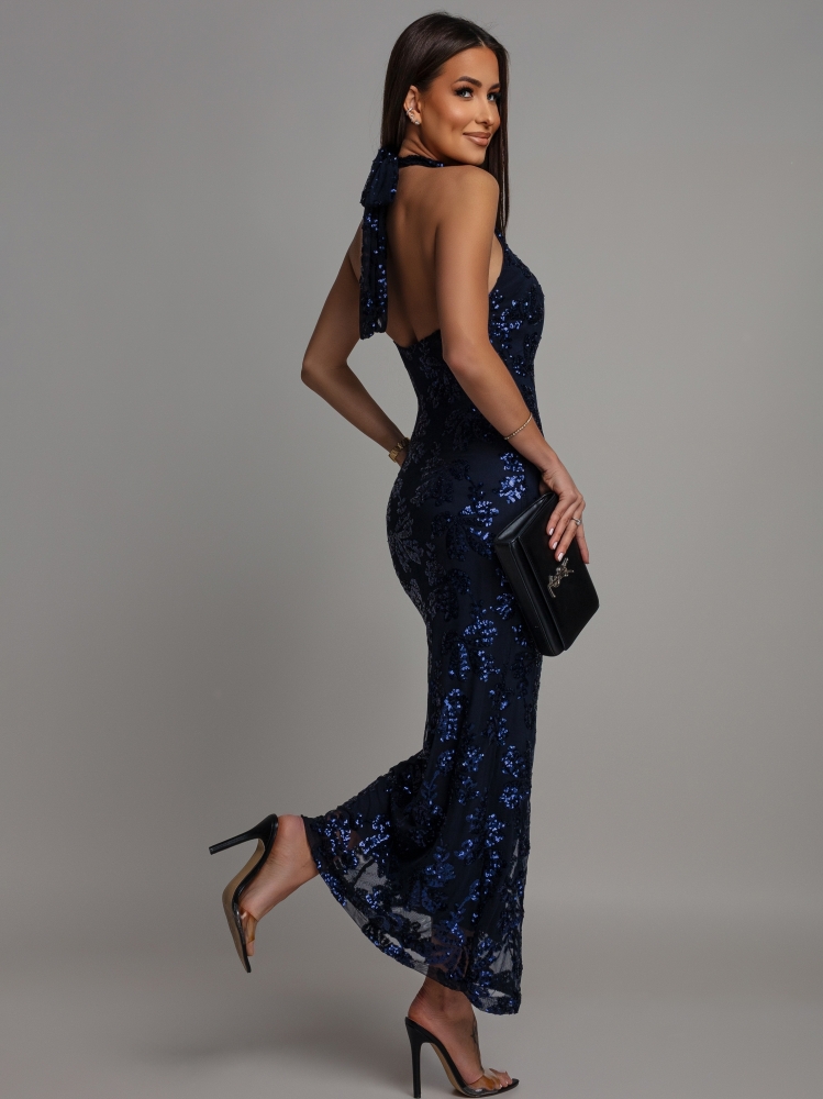 Sukienka midi świecąca z ozdobnym printem wiązana na szyi granatowa