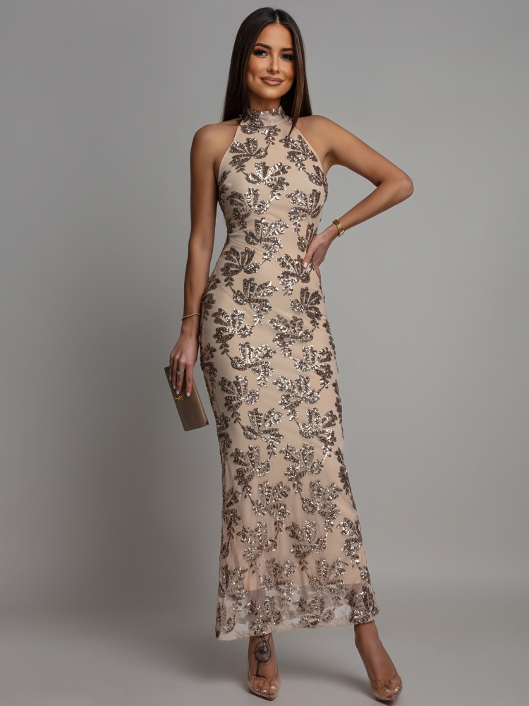 Sukienka midi świecąca z ozdobnym printem wiązana na szyi złoty-beż
