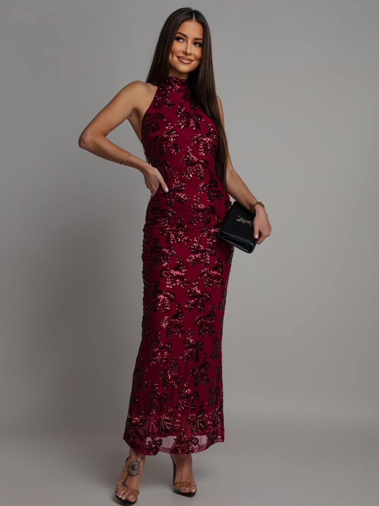 Sukienka midi świecąca z ozdobnym printem wiązana na szyi bordowa