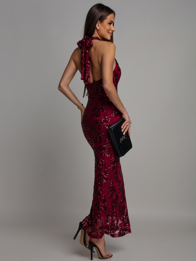 Sukienka midi świecąca z ozdobnym printem wiązana na szyi bordowa