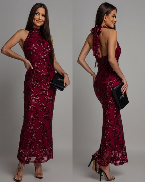 Sukienka midi świecąca z ozdobnym printem wiązana na szyi bordowa