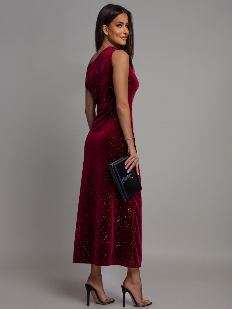 Sukienka midi welurowa opadające ramię bordowa