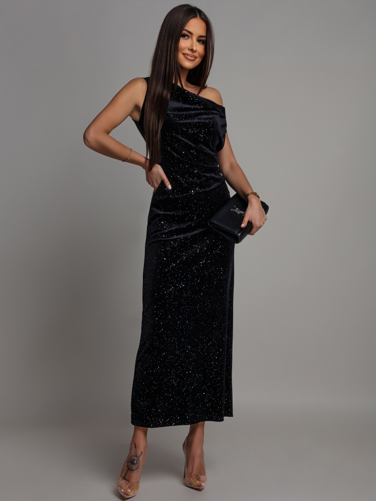 Sukienka midi welurowa opadające ramię czarna