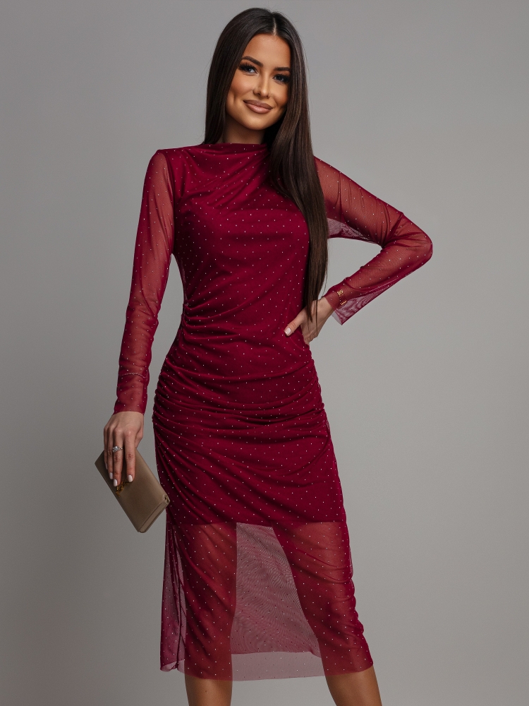 Sukienka midi  z cyrkoniami i siateczką bordowa