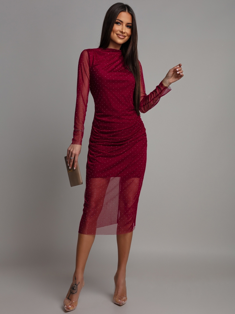 Sukienka midi  z cyrkoniami i siateczką bordowa