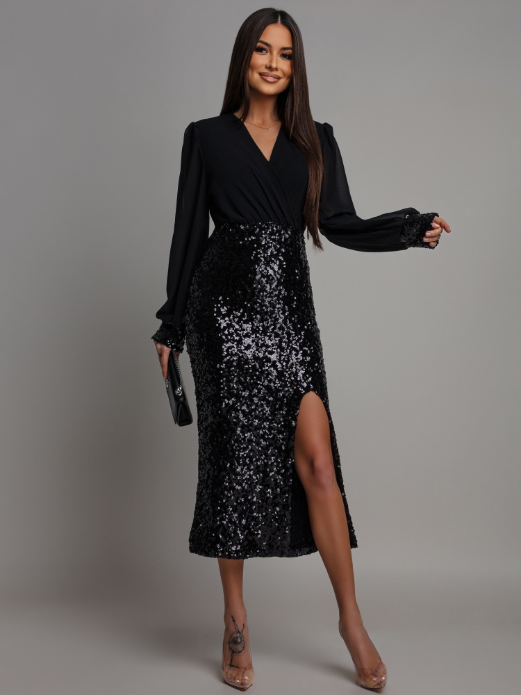 Sukienka midi z cekinami na długi rękaw czarna