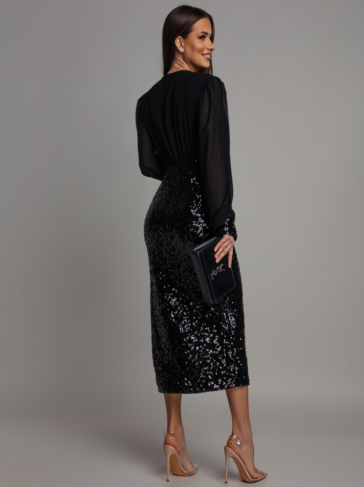 Sukienka midi z cekinami na długi rękaw czarna