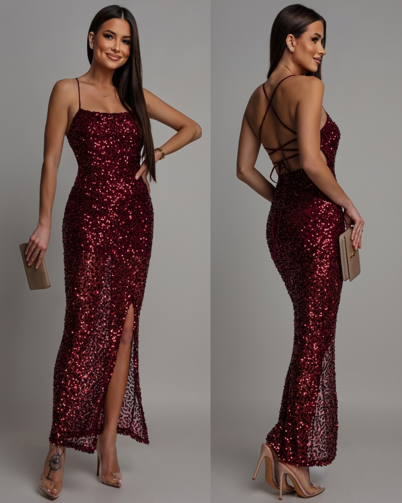 Sukienka cekinowa dwa wiązania na plecach prosty dekolt bordowa