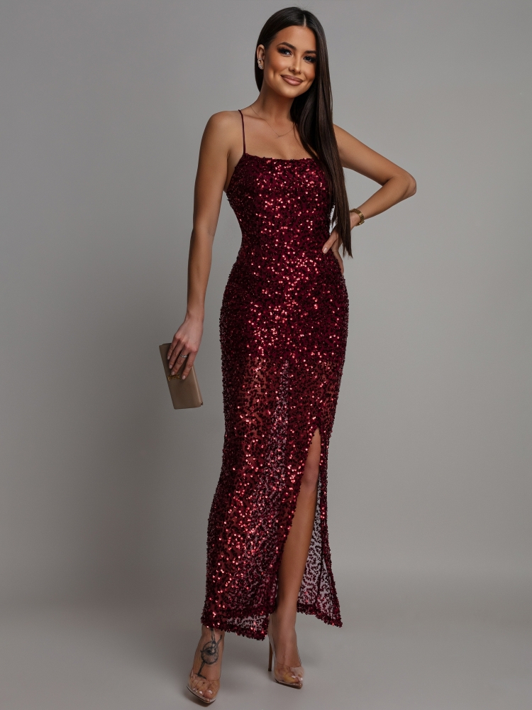 Sukienka cekinowa dwa wiązania na plecach prosty dekolt bordowa