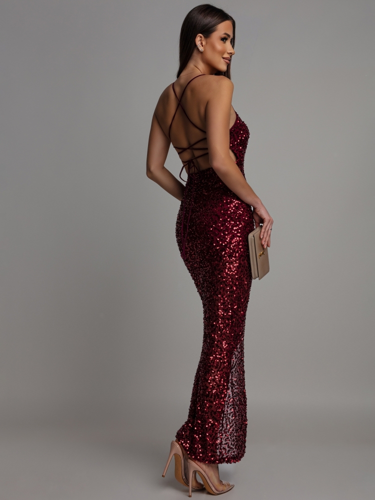 Sukienka cekinowa dwa wiązania na plecach prosty dekolt bordowa