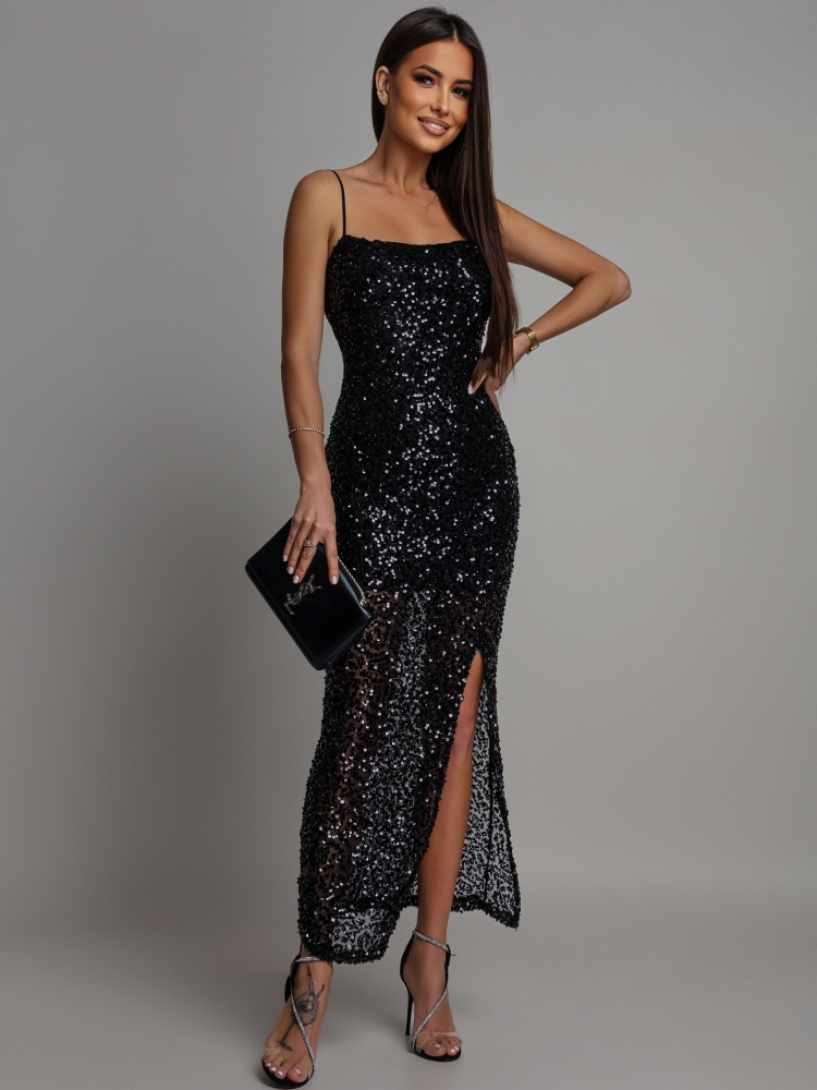 Sukienka cekinowa dwa wiązania na plecach prosty dekolt czarna