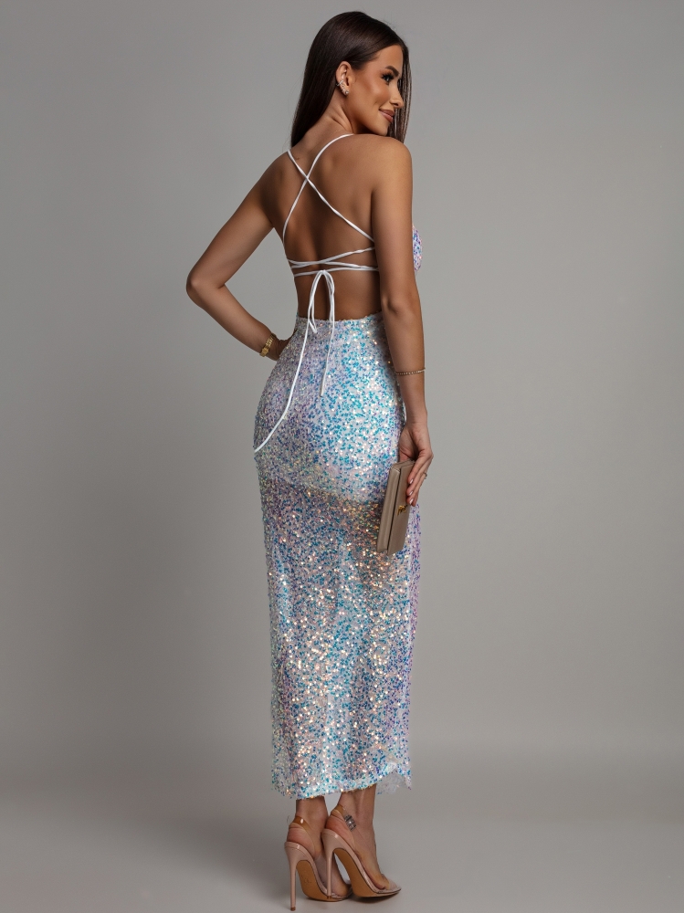 Sukienka cekinowa dwa wiązania na plecach prosty dekolt biała