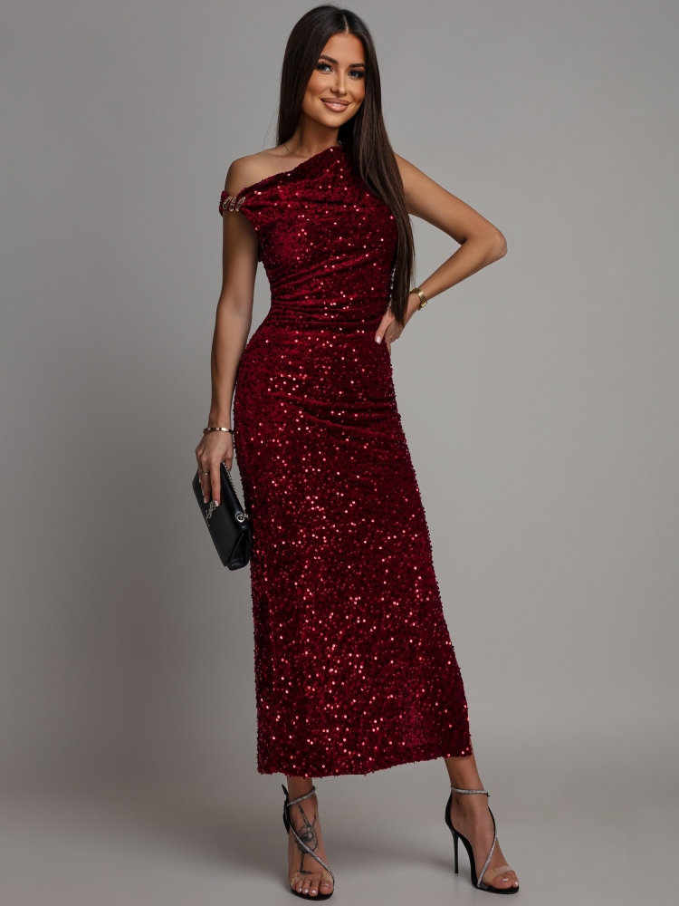 Sukienka midi  opadające ozdobne ramiączko bordowa