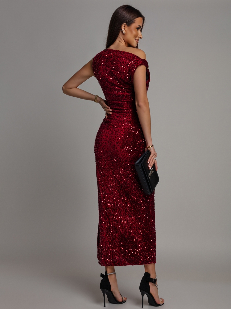 Sukienka midi  opadające ozdobne ramiączko bordowa