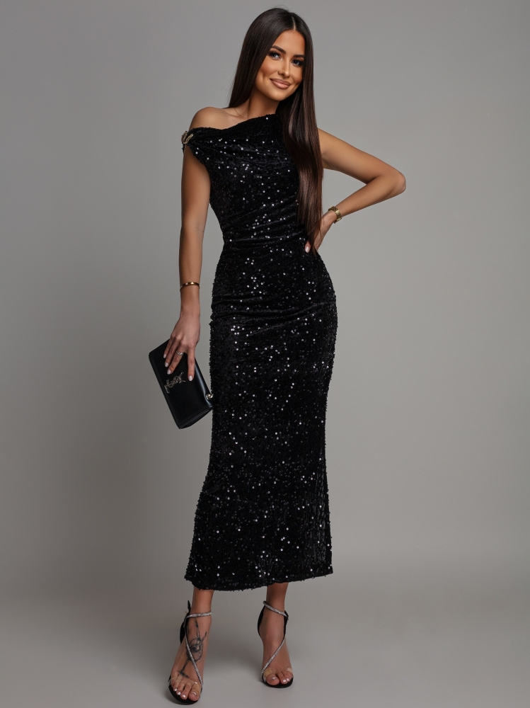 Sukienka midi  opadające ozdobne ramiączko czarna