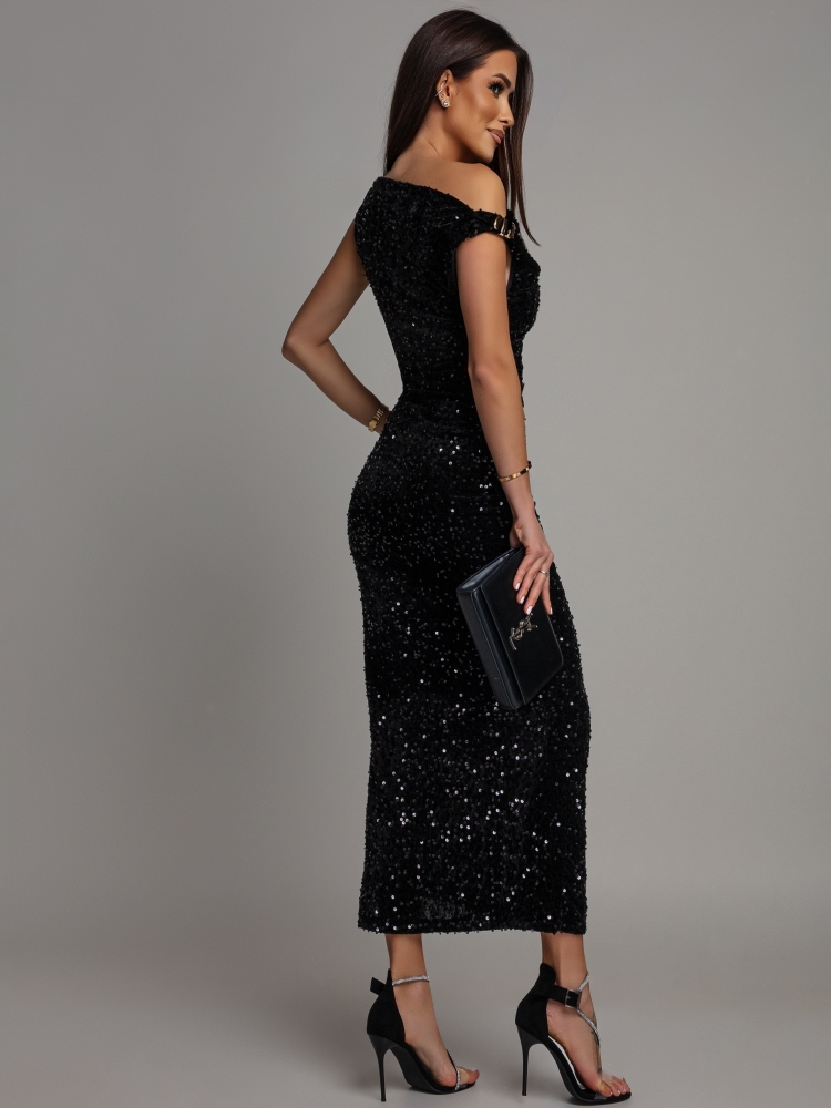 Sukienka midi  opadające ozdobne ramiączko czarna