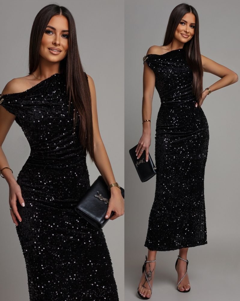 Sukienka midi  opadające ozdobne ramiączko czarna