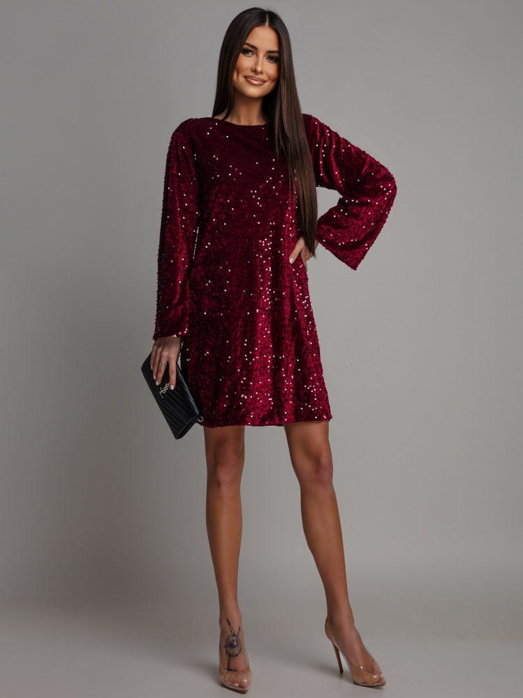 Sukienka mini cekinowa na długi rękaw z ozdobną kokardą bordowa