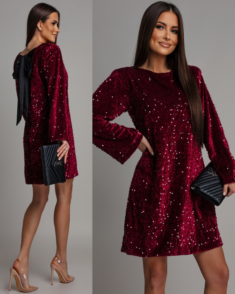 Sukienka mini cekinowa na długi rękaw z ozdobną kokardą bordowa