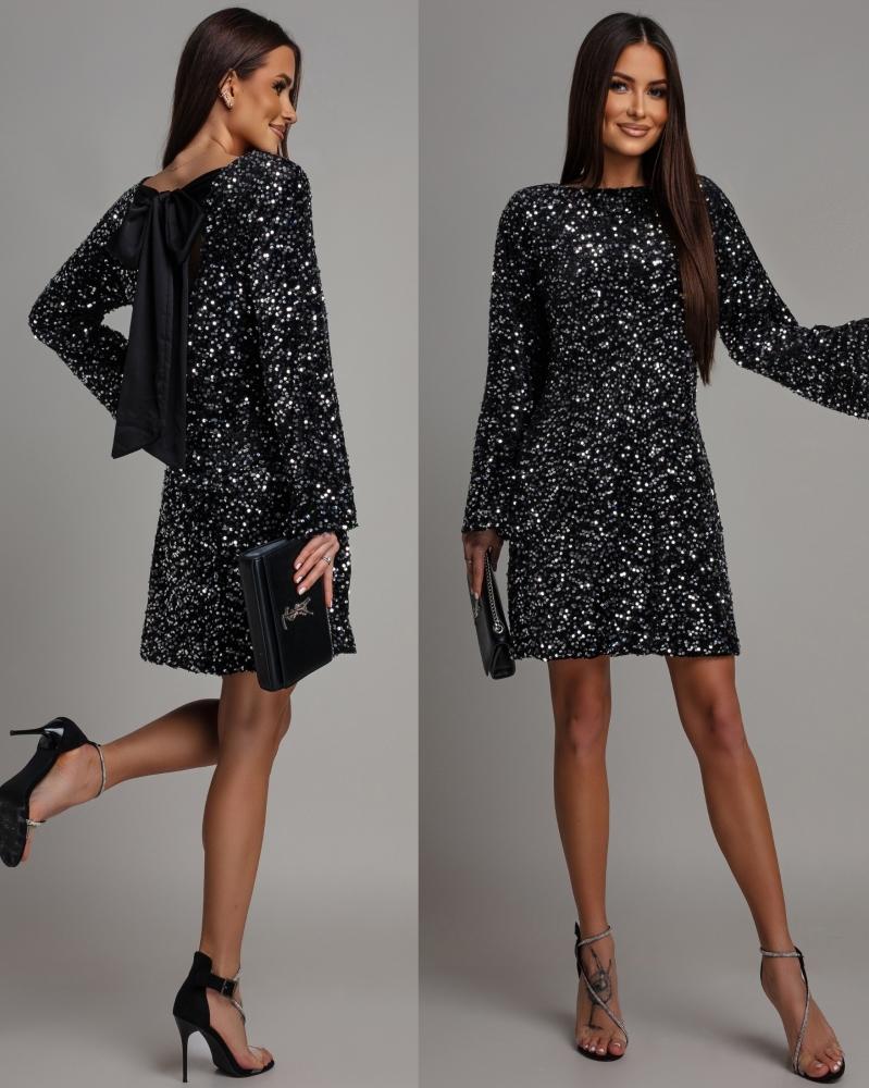 Sukienka mini cekinowa na długi rękaw z ozdobną kokardą srebrna