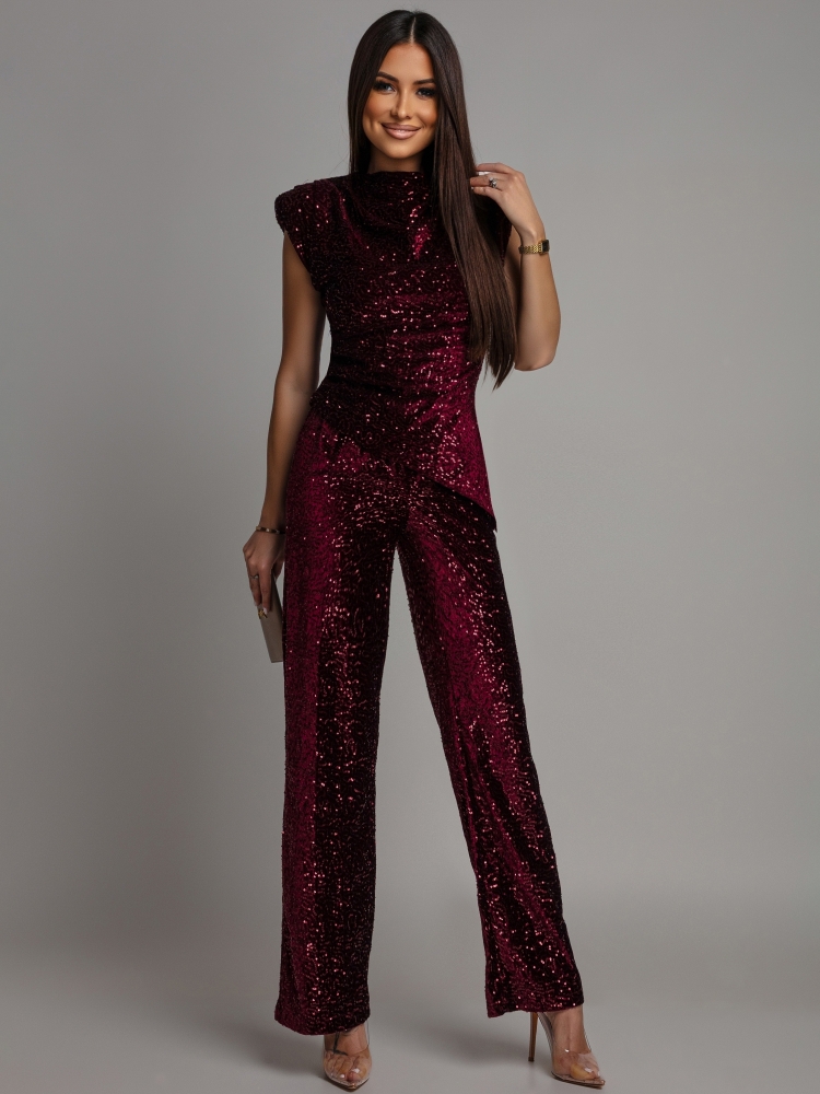 Komplet bluzka oraz spodnie cekinowy bordowy
