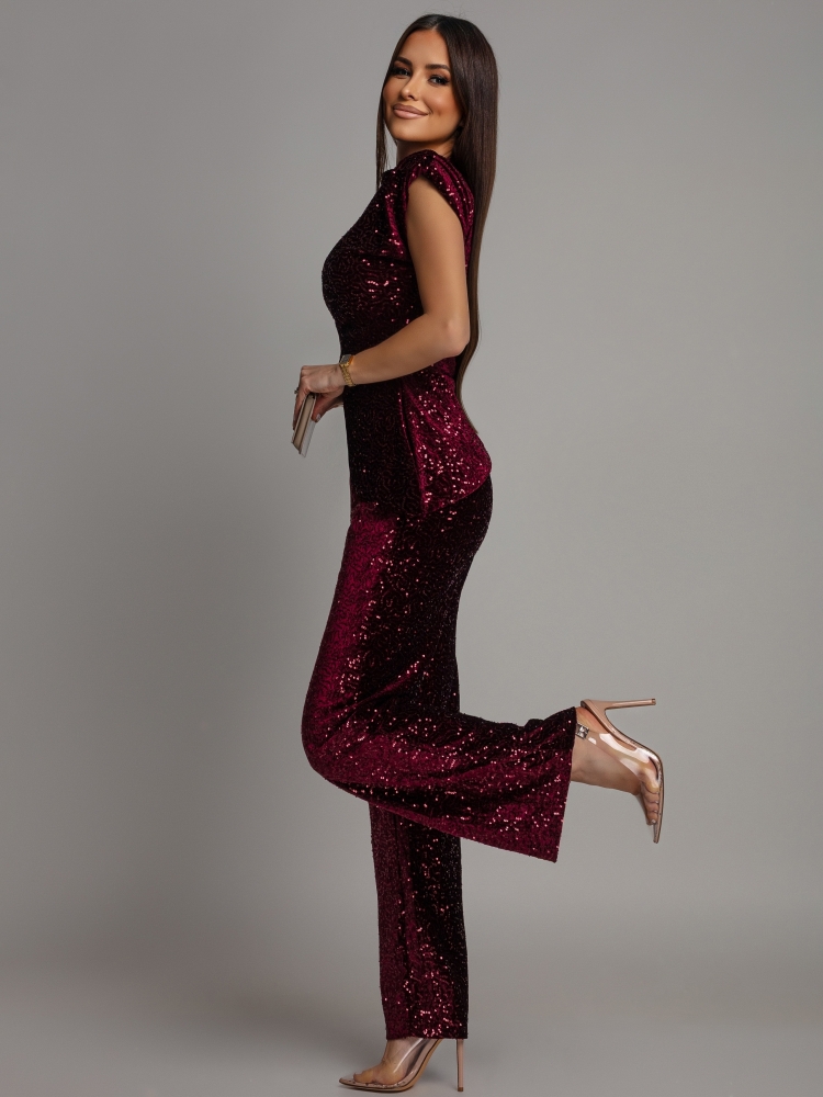 Komplet bluzka oraz spodnie cekinowy bordowy